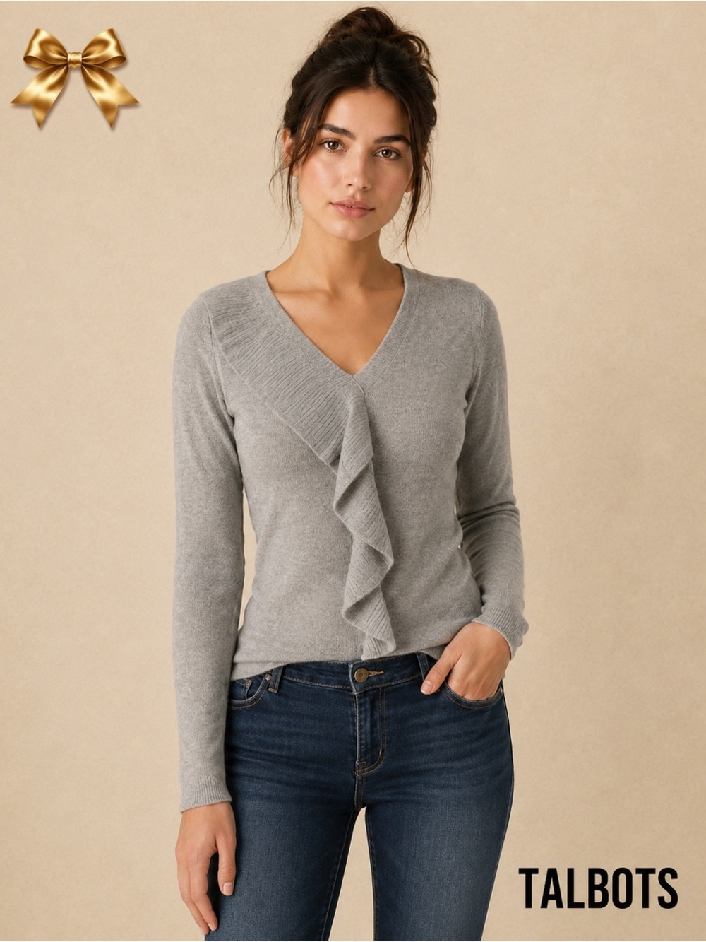 Talbots Gray Ruffle Sweater Wool Cashmere Blend VNeck XXS